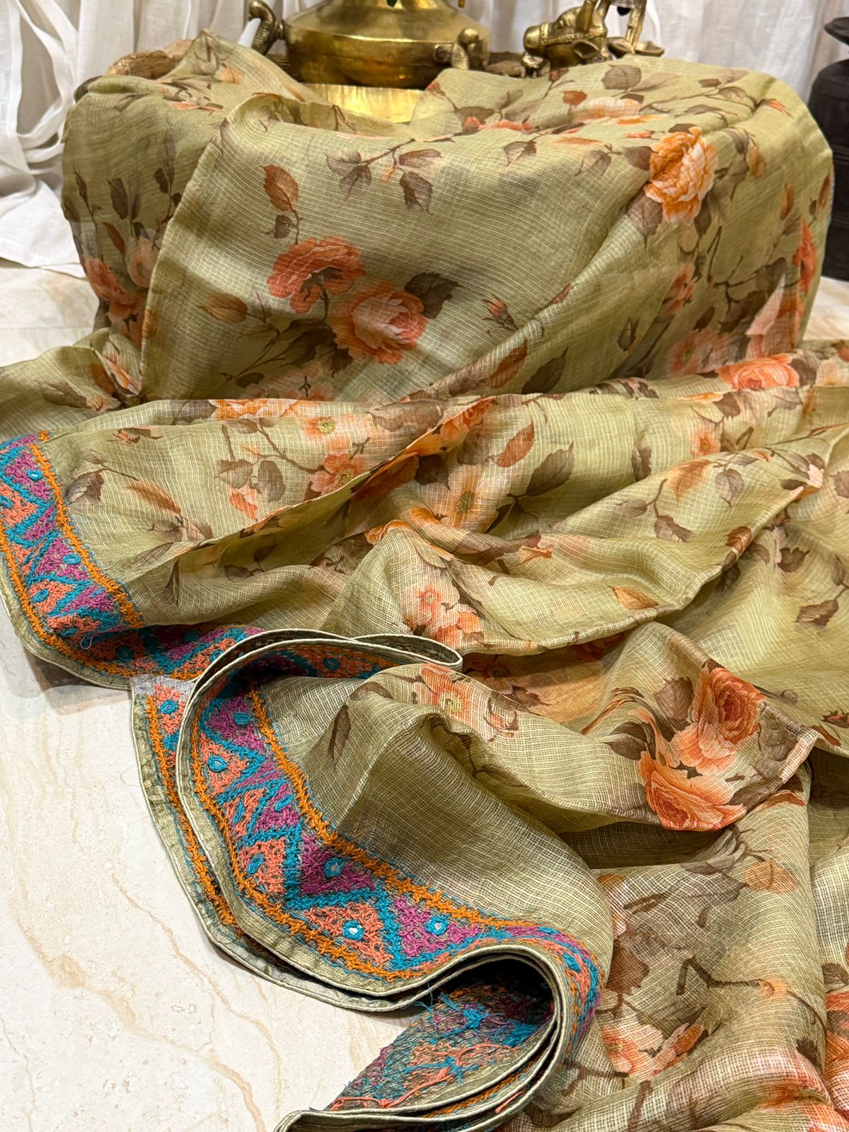 Pure Tussar Kota Digital Print Saree With Kutch Hand Embroidery Work