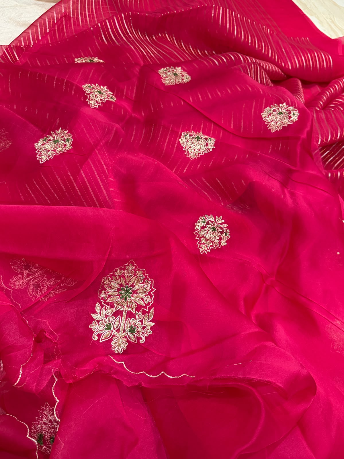 Vibrant Pink Organza Silk Saree with Exquisite Zardozi Butta Work