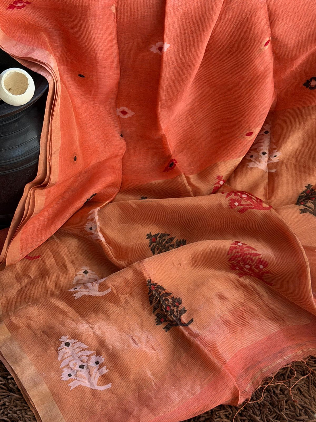Pure Handloom Linen Tissue Silk Saree With Jamdani Weave