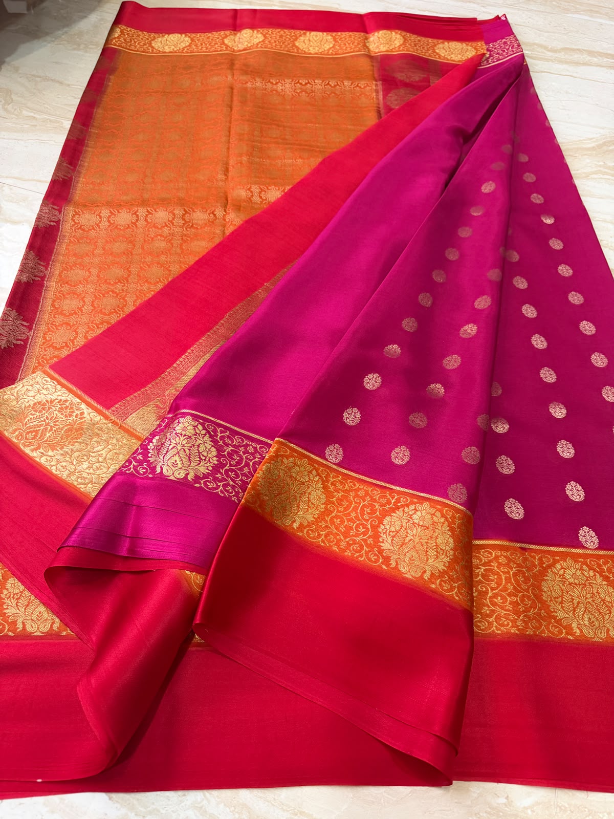 Mysore Brocade Crepe Silk Saree with Zari Weave | 3-Color Dye
