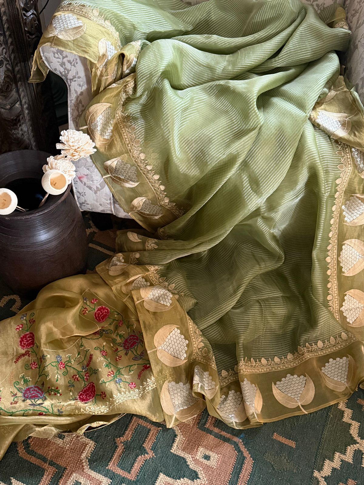 Banarasi Soft Tissue Silk Saree With Embroidery Border & Cross Stitch Blouse Piece