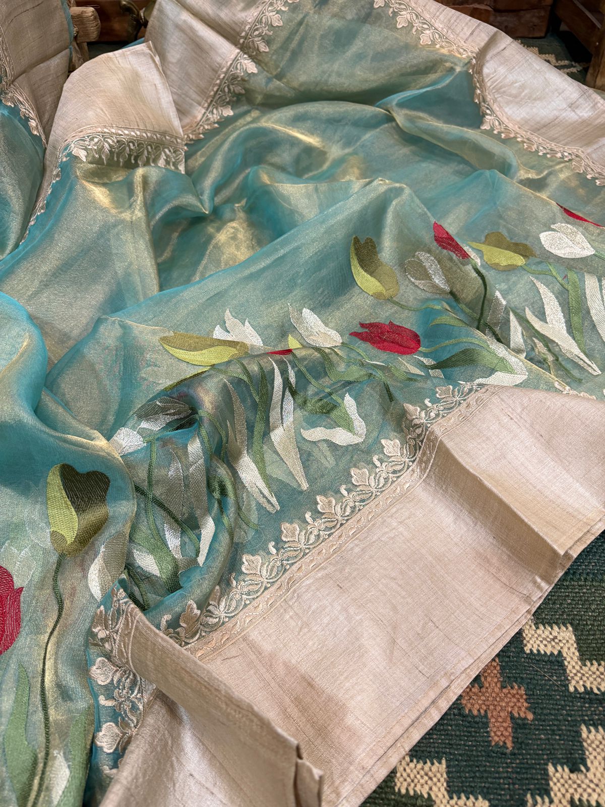 Banarasi Soft Tissue Embroidery Silk Saree With Tussar Border