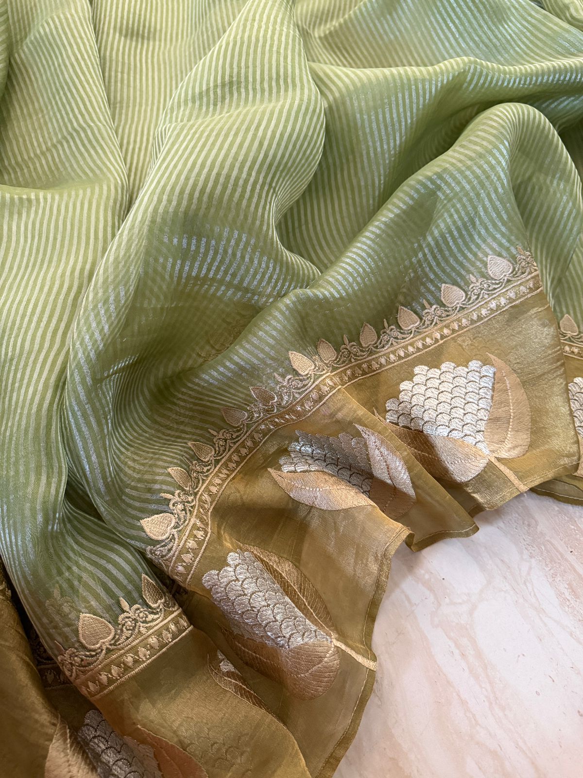 Banarasi Soft Tissue Silk Saree With Embroidery Border & Cross Stitch Blouse Piece