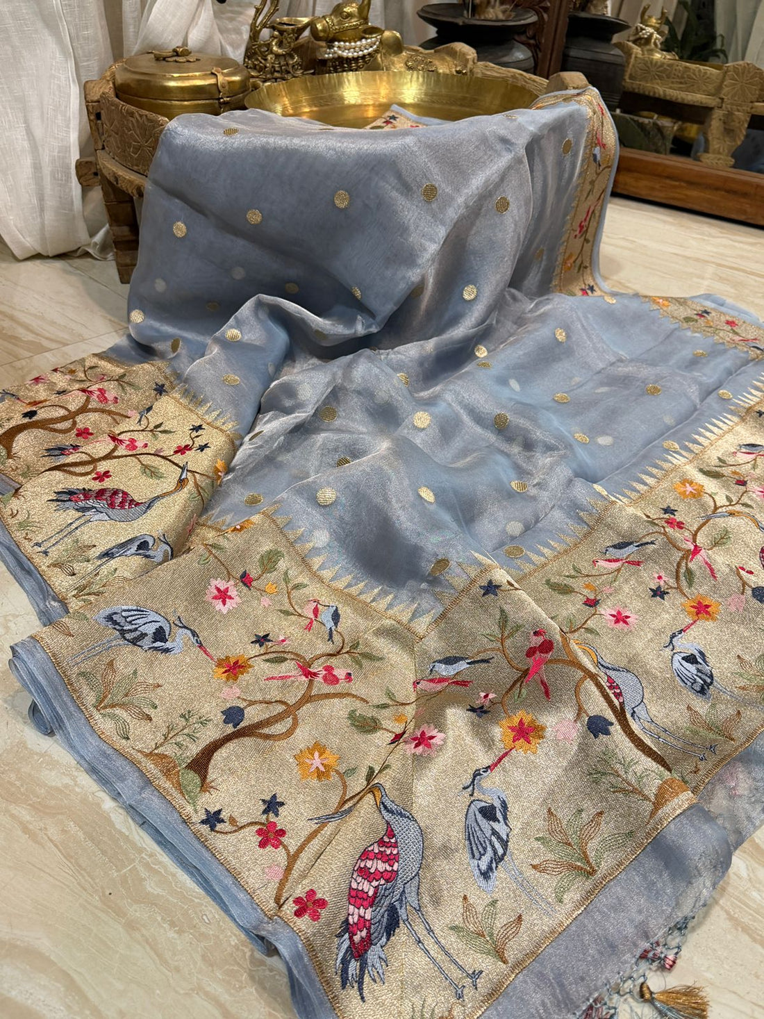 Banarasi Soft Tissue Silk Saree With Paithani Embroidery Border