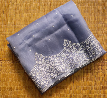 Pure Organza Silk Saree With Pearl Style Scallop Edging Embroidery Work All Over