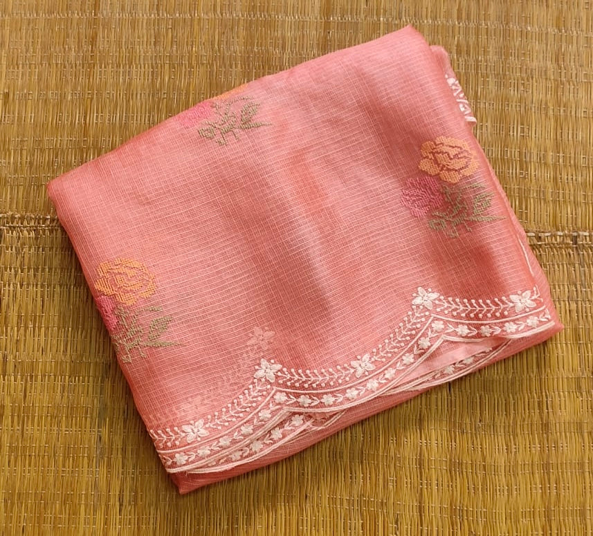 Pure Tussar Kota Silk Saree With Cross-Stitch Buta Embroidery All Over