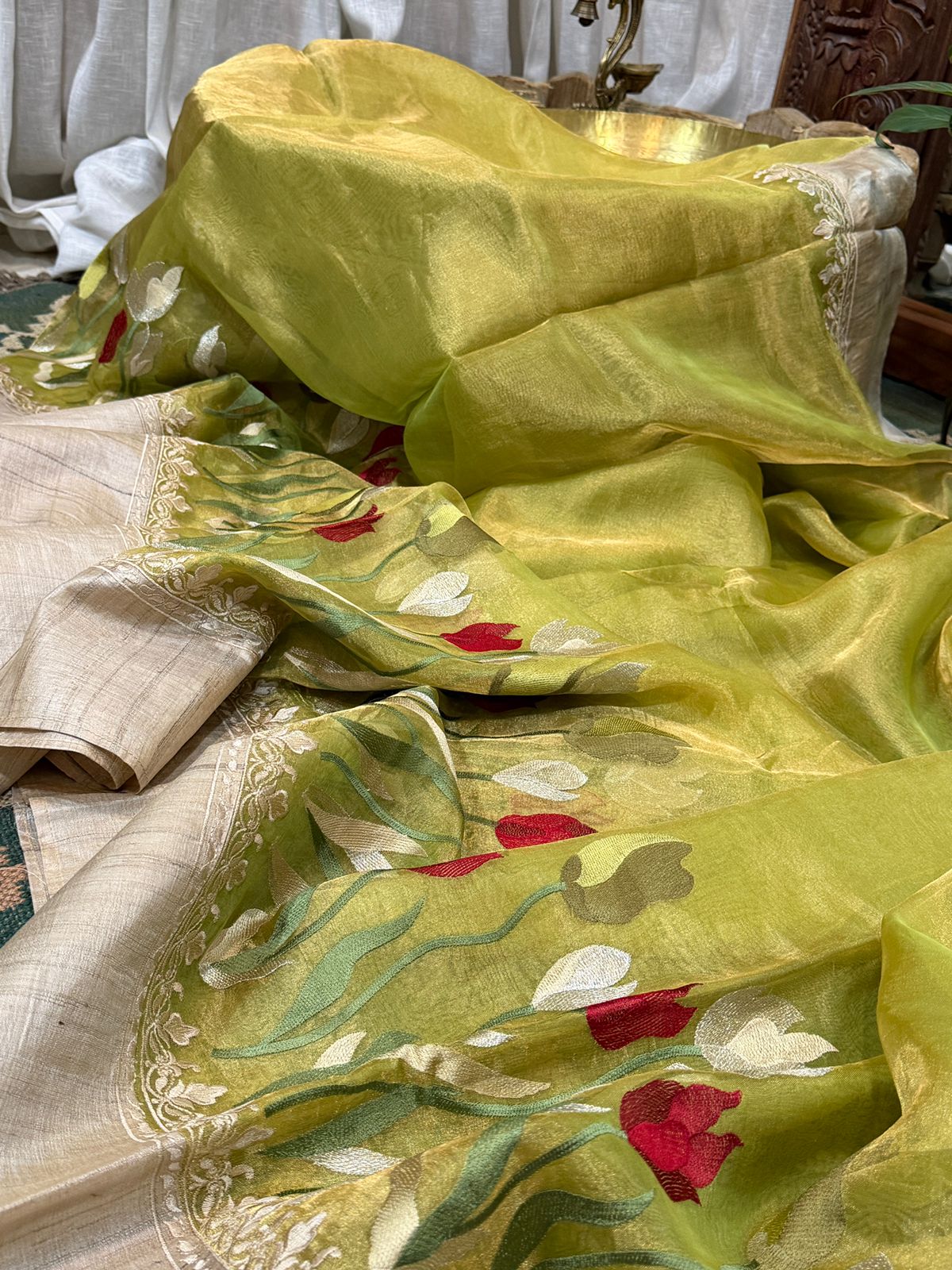 Banarasi Soft Tissue Embroidery Silk Saree With Tussar Border