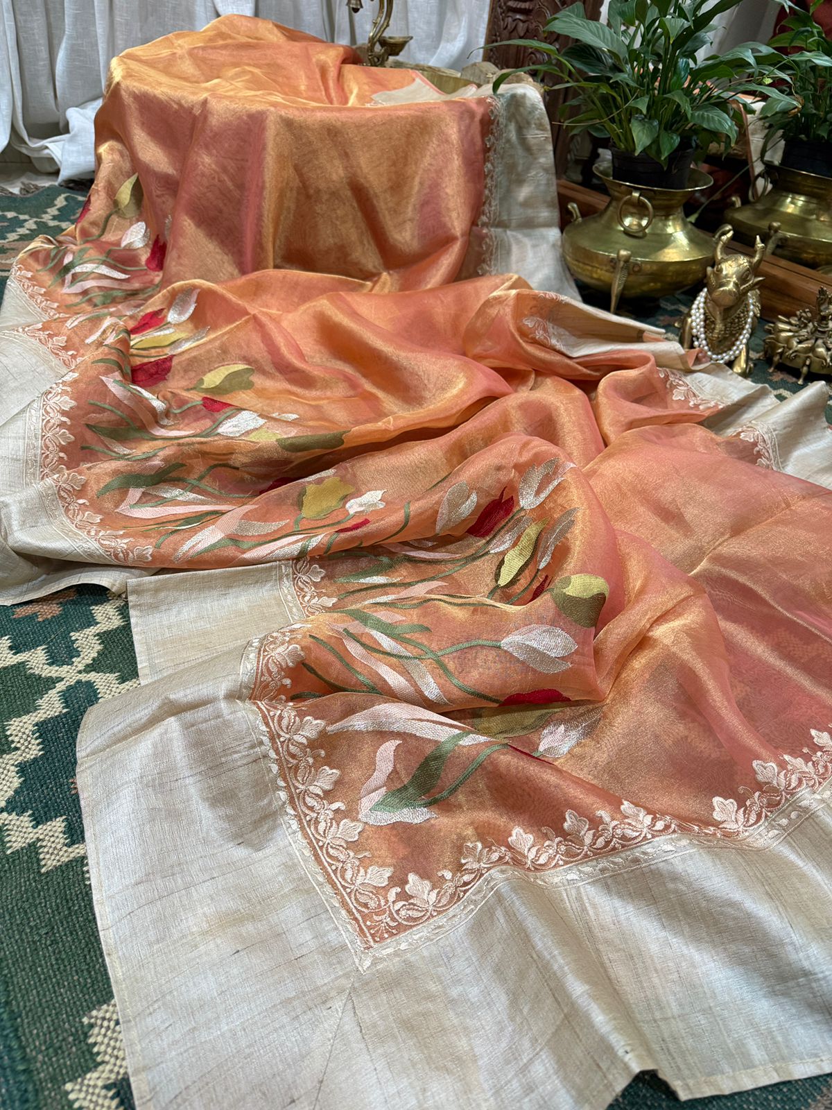 Banarasi Soft Tissue Embroidery Silk Saree With Tussar Border