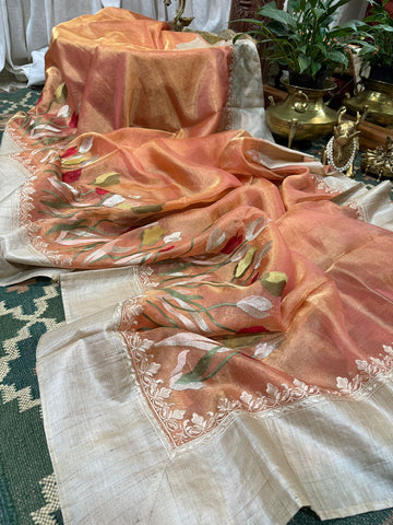 Banarasi Soft Tissue Embroidery Silk Saree With Tussar Border