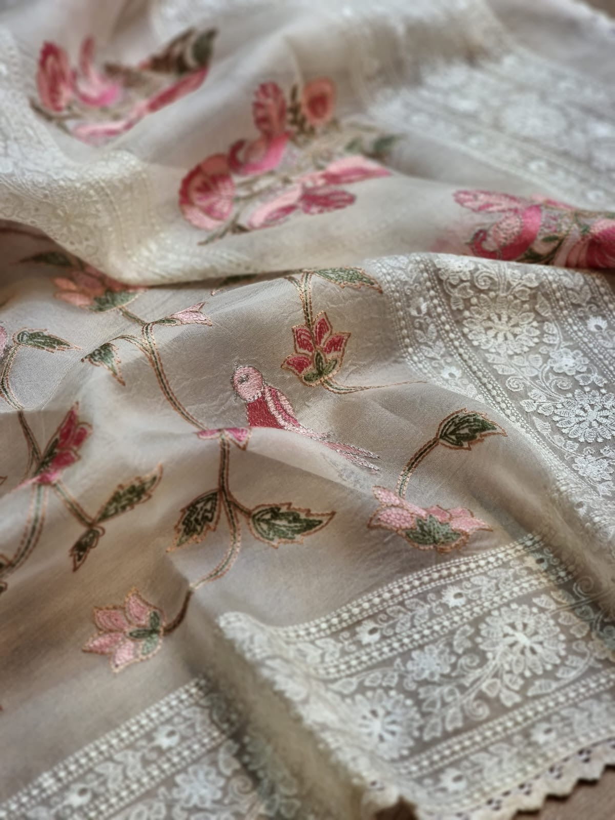 Pure Organza Silk Saree With Katha Machine Chikankari , Border with velvet lace