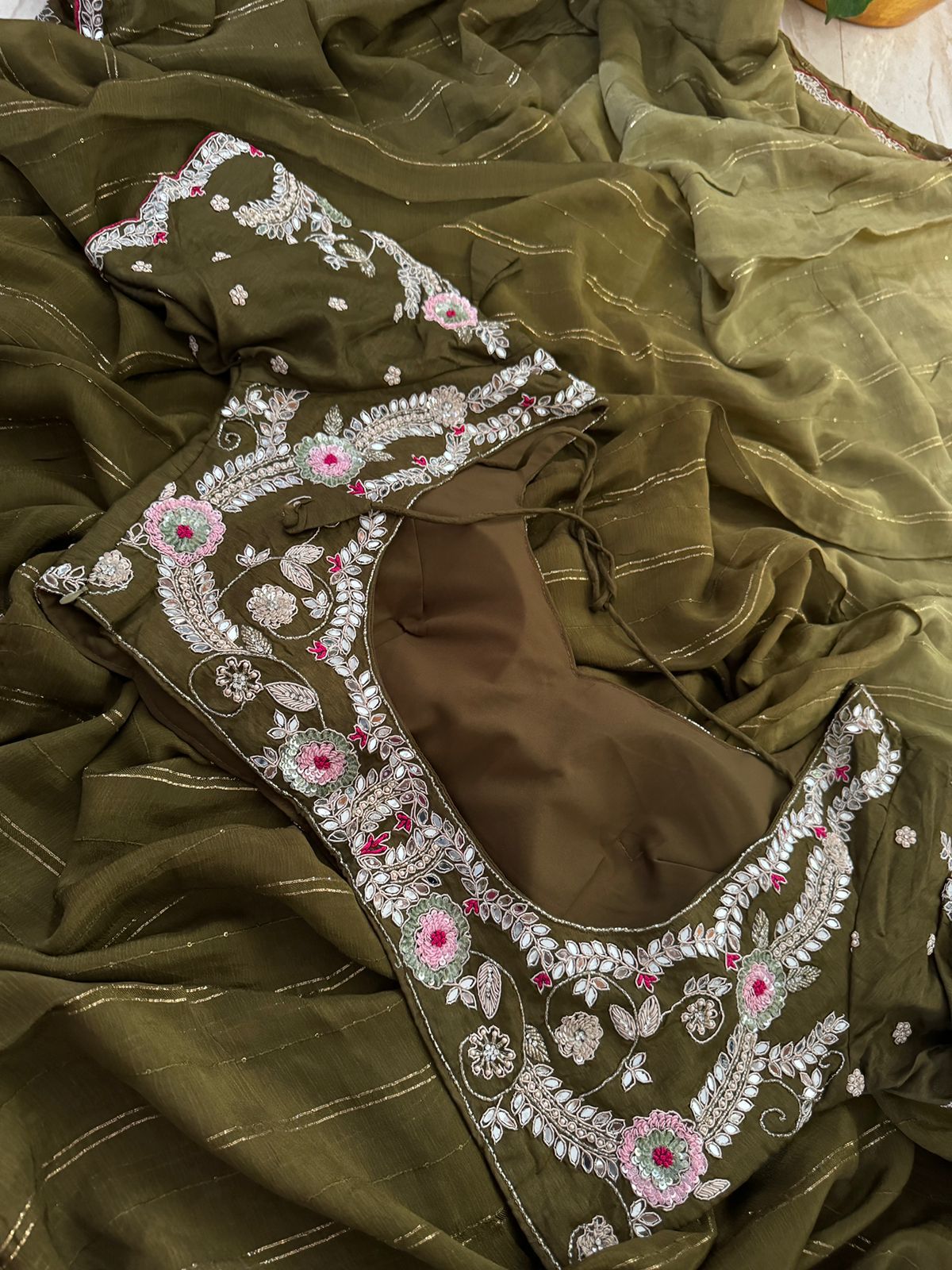 Designer Chinon Satin Crepe Saree with Zardozi Work