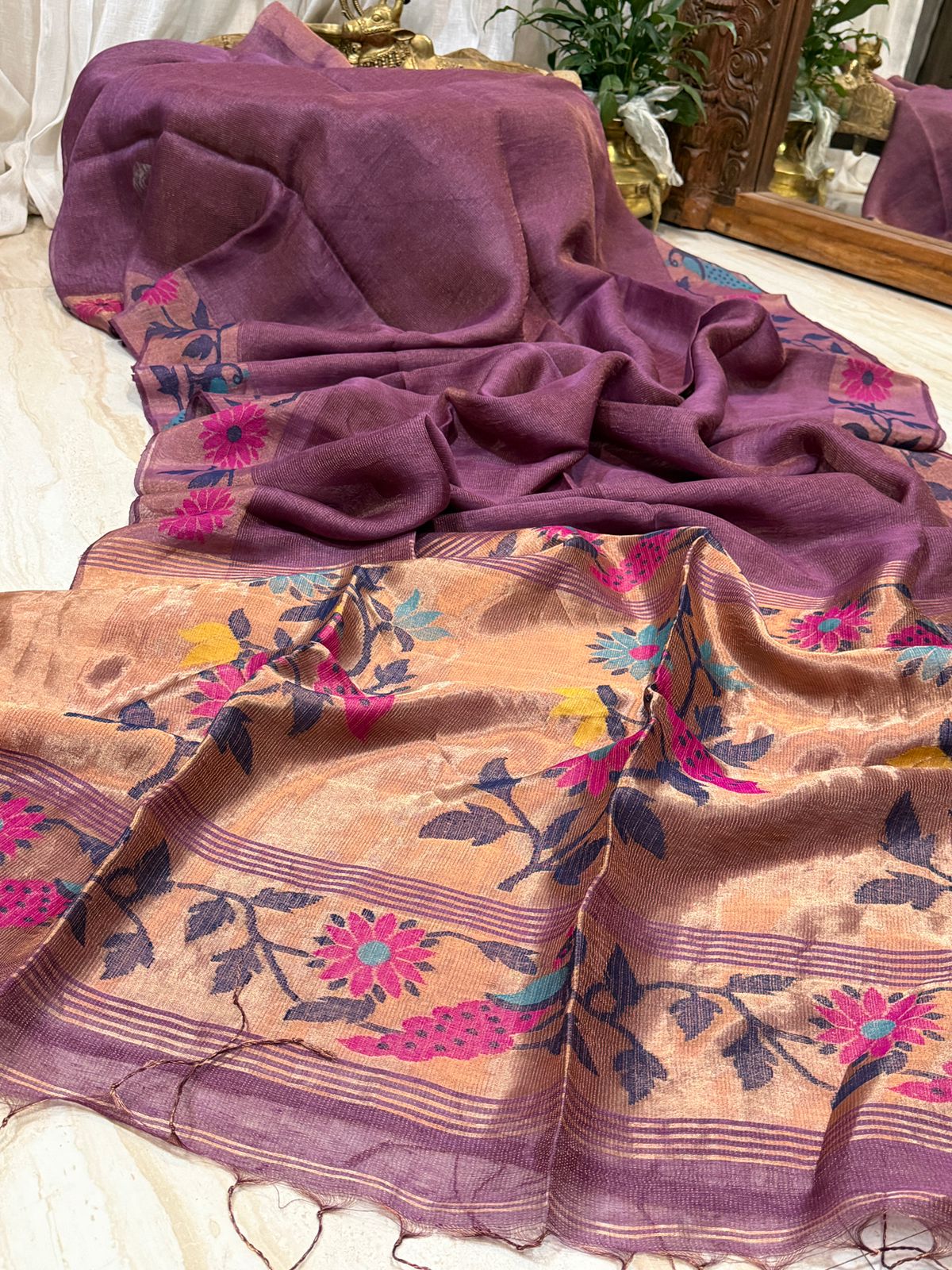 Pure Linen Silk Tissue Border and Pallu Saree With Paithani Weave