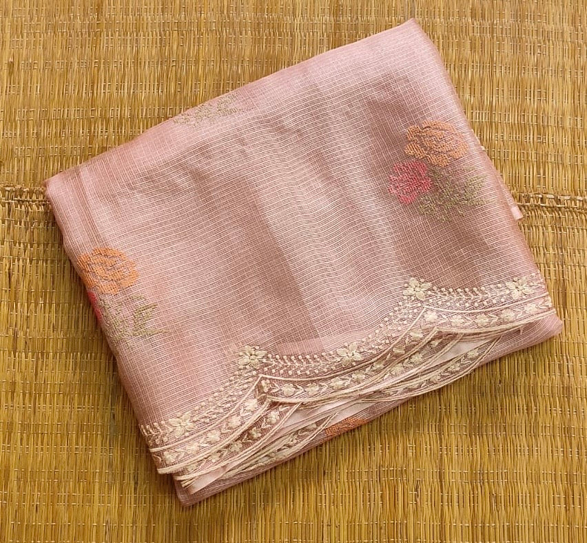 Pure Tussar Kota Silk Saree With Cross-Stitch Buta Embroidery All Over