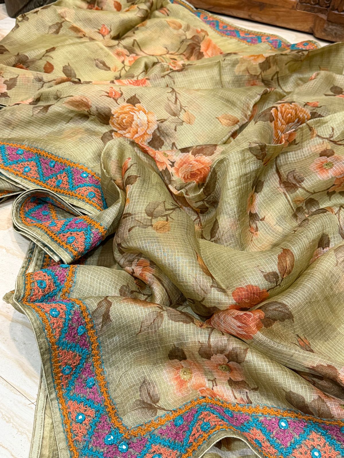 Pure Tussar Kota Digital Print Saree With Kutch Hand Embroidery Work