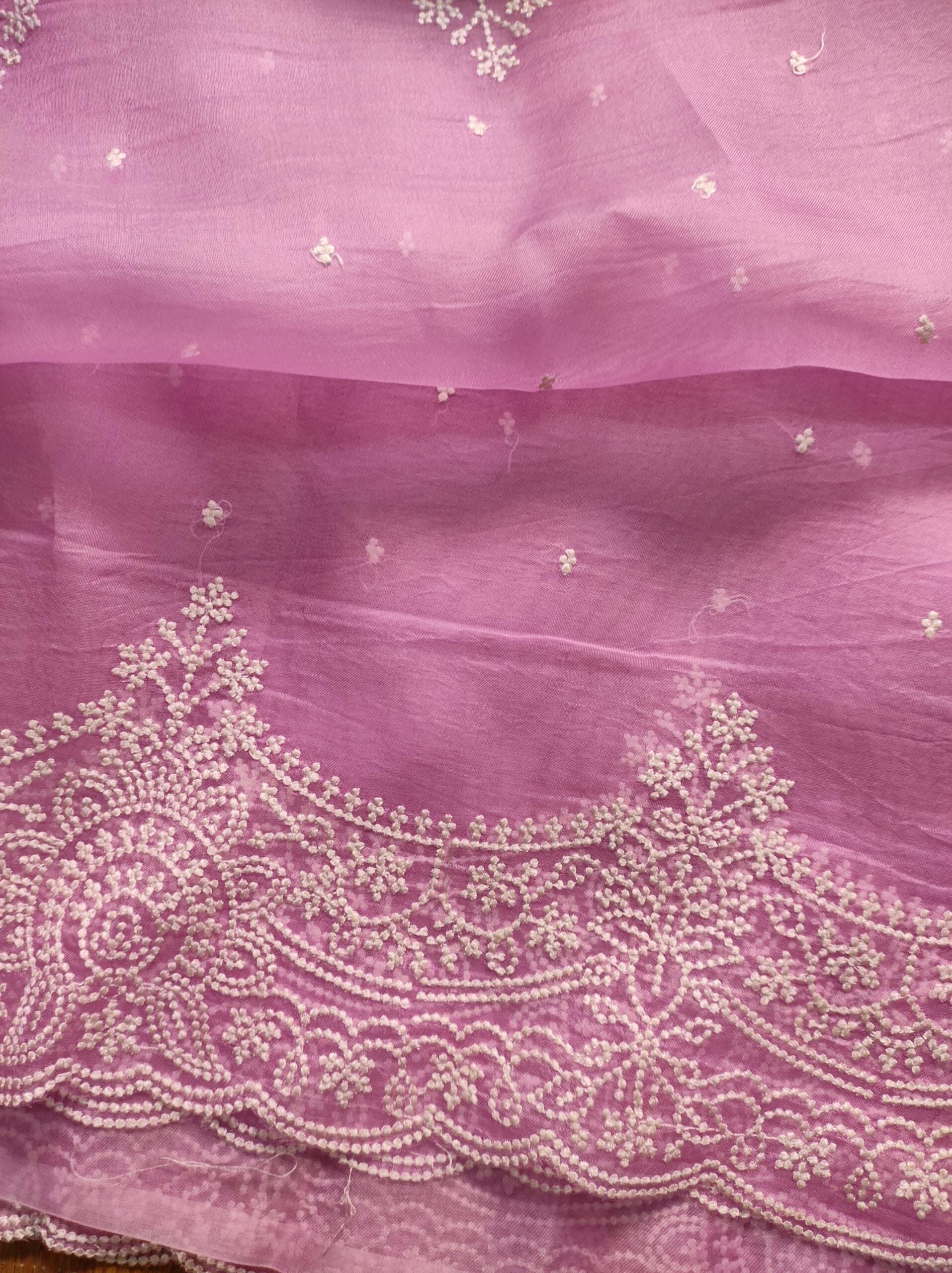 Pure Organza Silk Saree With Pearl Style Scallop Edging Embroidery Work All Over