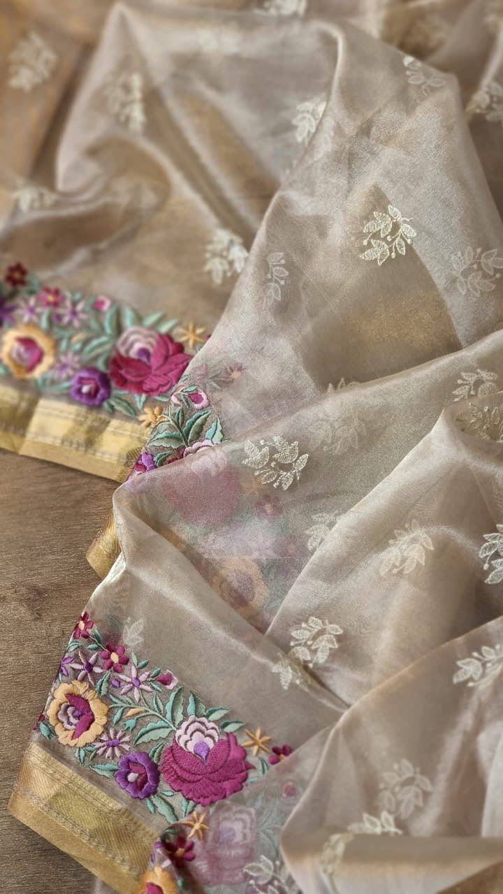 Pure Tissue Silk Parsi Border Chikankari Embroidery Saree