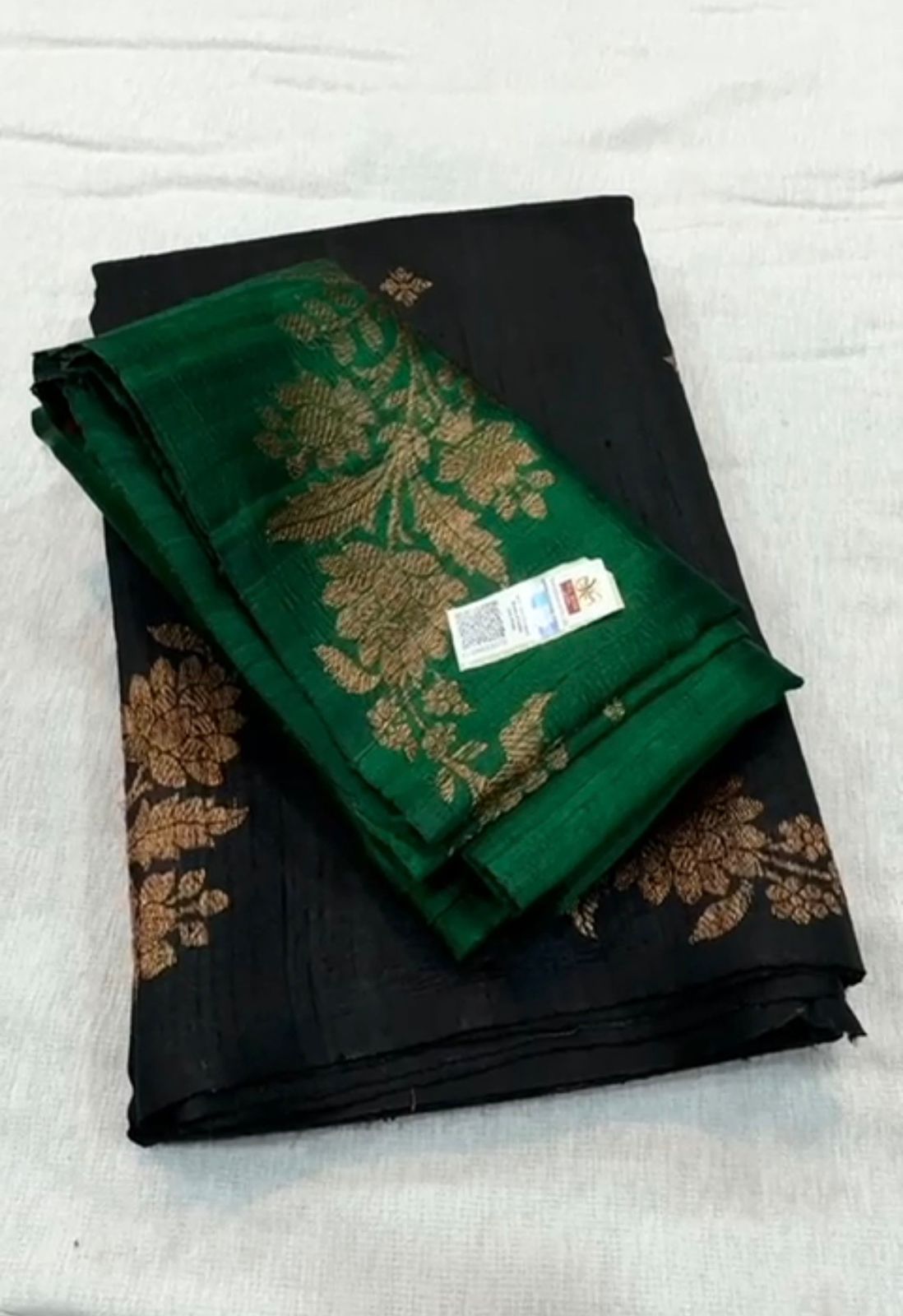 Beautiful Jet Black Dupion Raw Silk Banarasi Saree with Zari Weave All Over
