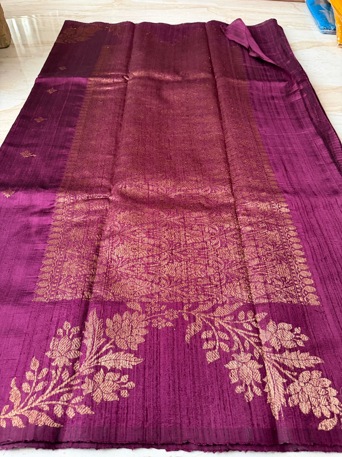 Pure Handloom Border Less Tussar Raw Silk Banarasi Saree