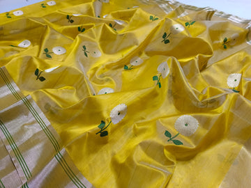 Beautiful Chanderi Pattu Silk Saree with silver zari and meenakari thread weave .