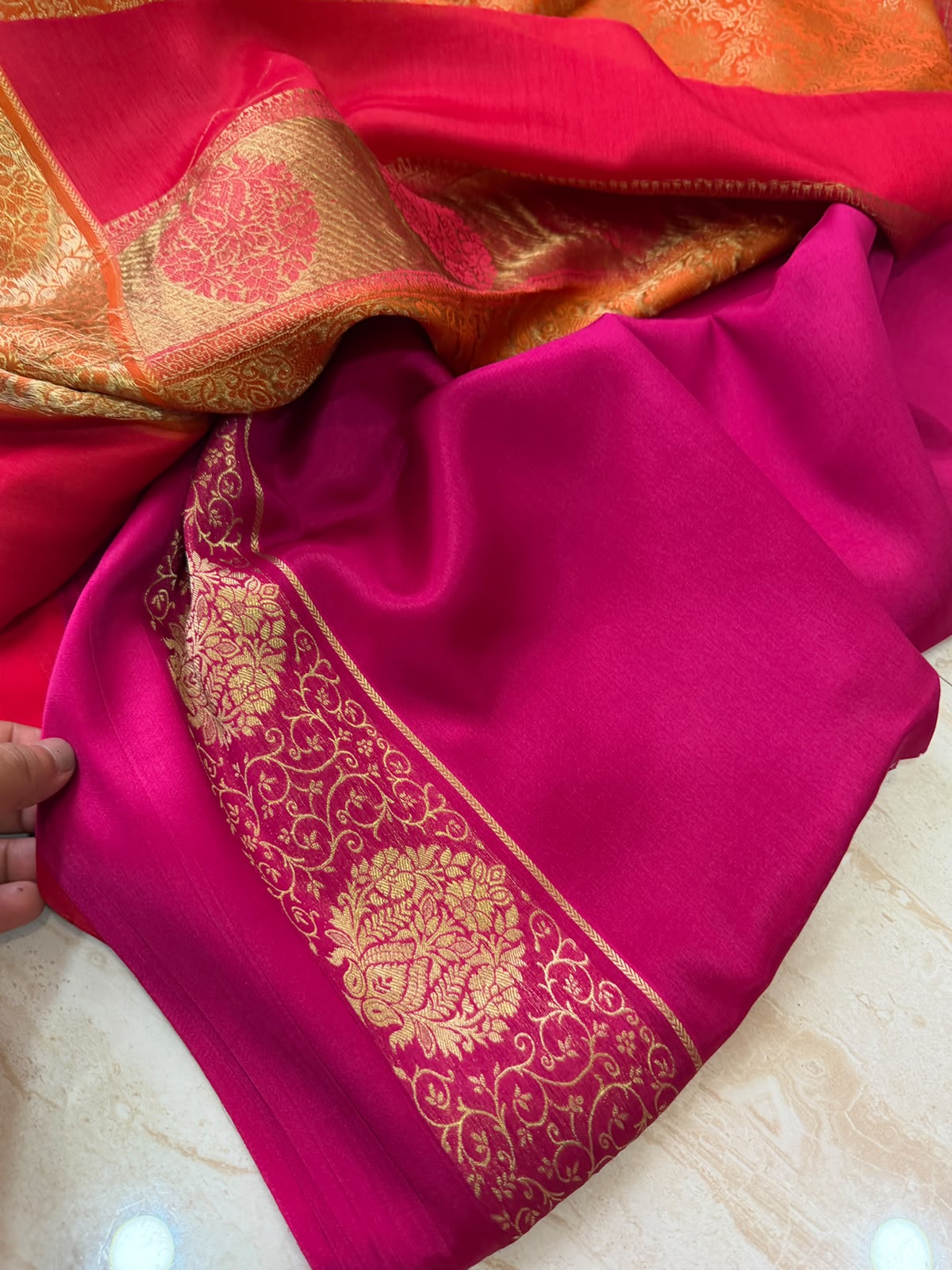 Mysore Brocade Crepe Silk Saree with Zari Weave | 3-Color Dye