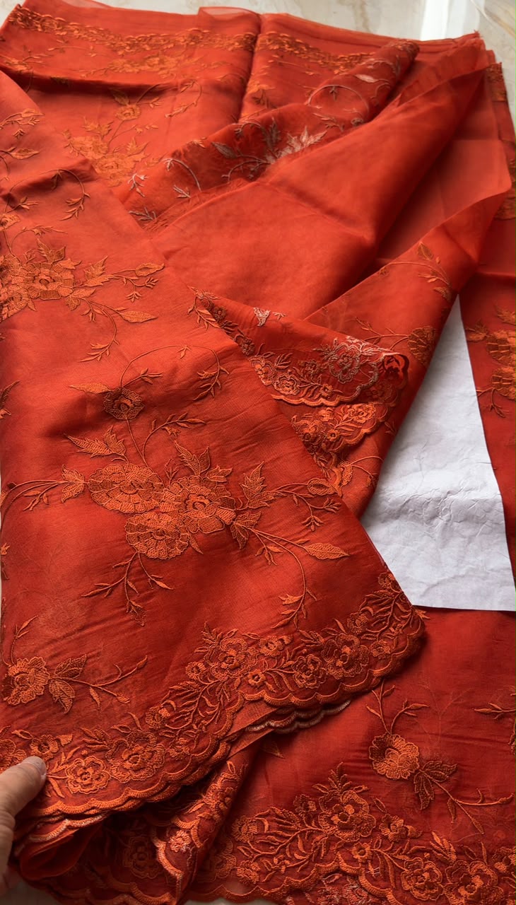 Pure Organza Silk Saree With Machine Embroidery All Over