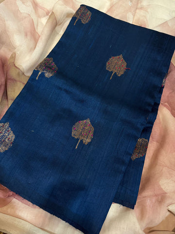 Pure Handloom Tussar Raw Silk Banarasi Saree With Meenakari