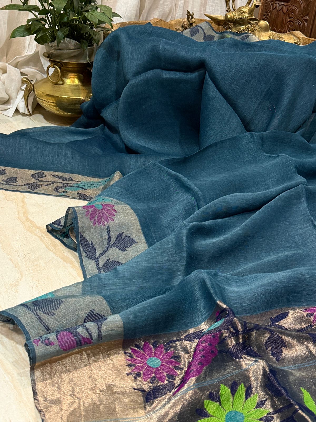 Pure Linen Silk Tissue Border and Pallu Saree With Jamdani Paithani Weave
