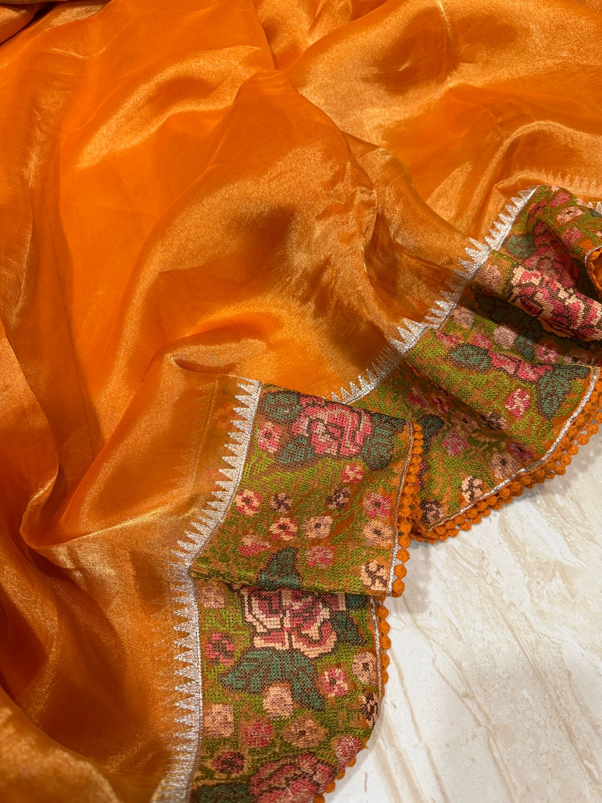 Banarasi Soft Tissue Silk Saree With Cross Stitch Embroidery Border