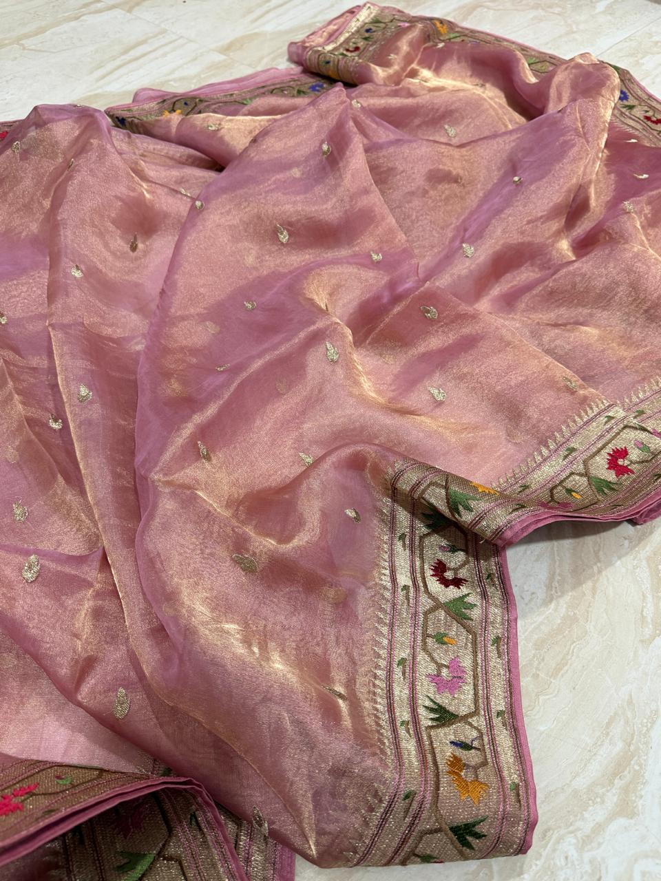 Premium Soft Tissue Silk Saree With Paithani Embroidery Border