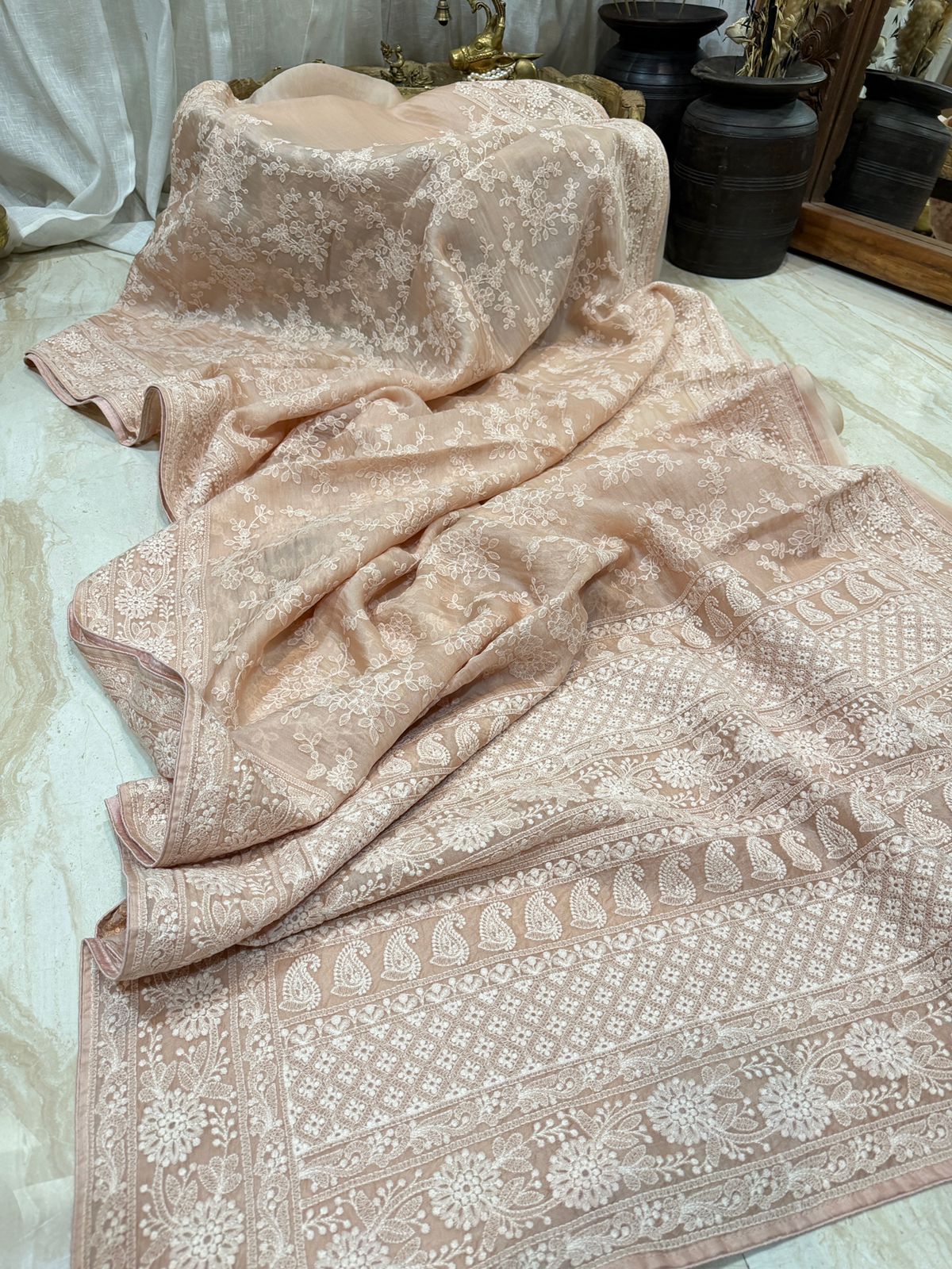 Pure Organza Sik Saree With Machine Embroidery Chikankari Work All Over