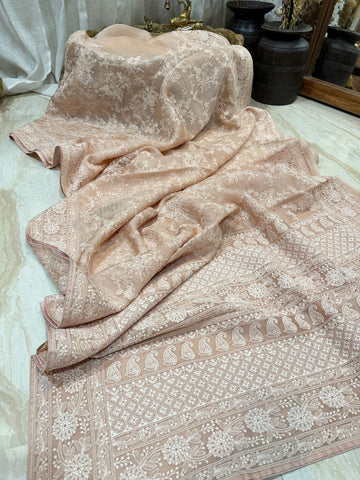 Pure Organza Sik Saree With Machine Embroidery Chikankari Work All Over
