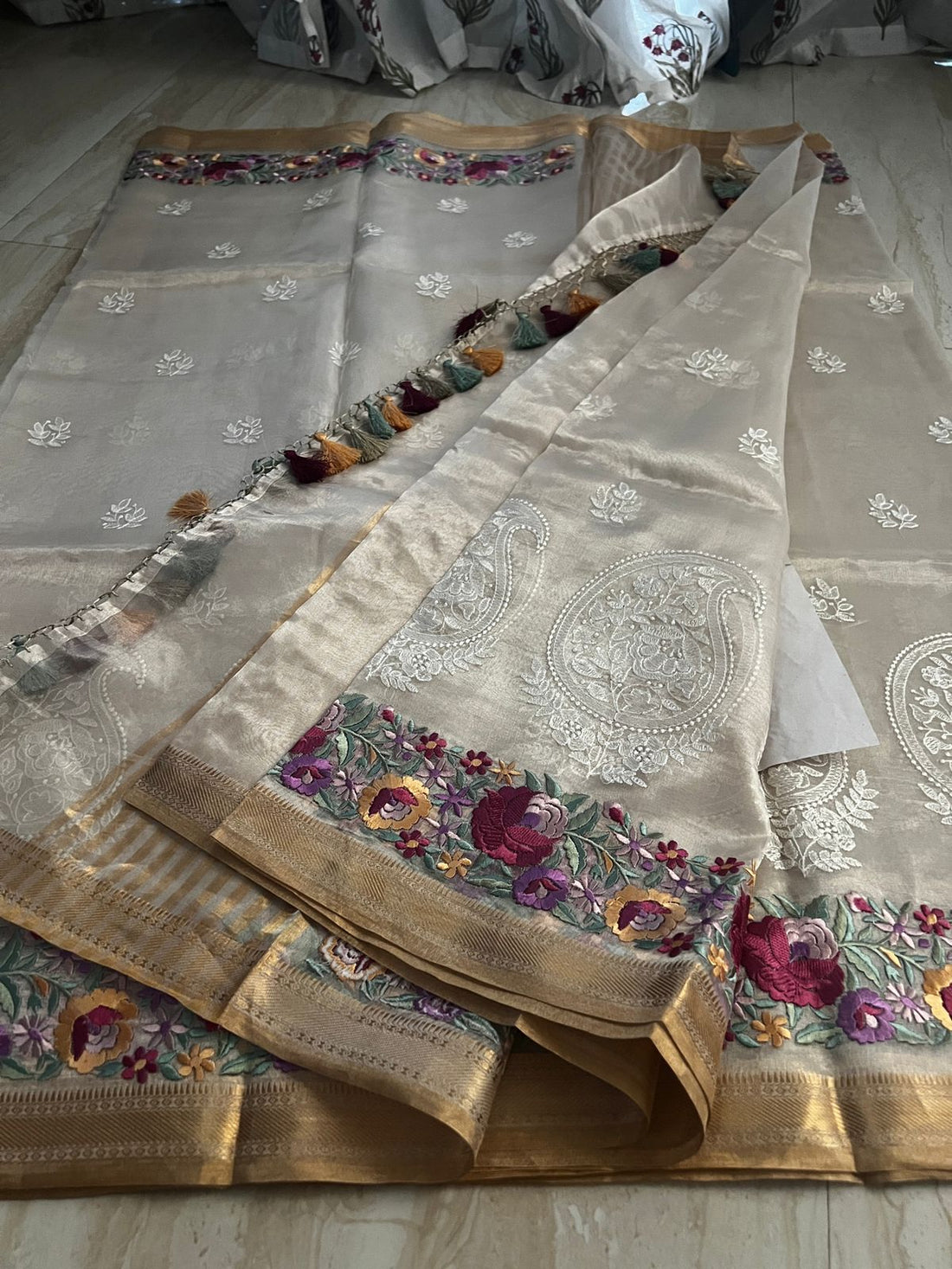 Pure Tissue Silk Parsi Border Chikankari Embroidery Saree