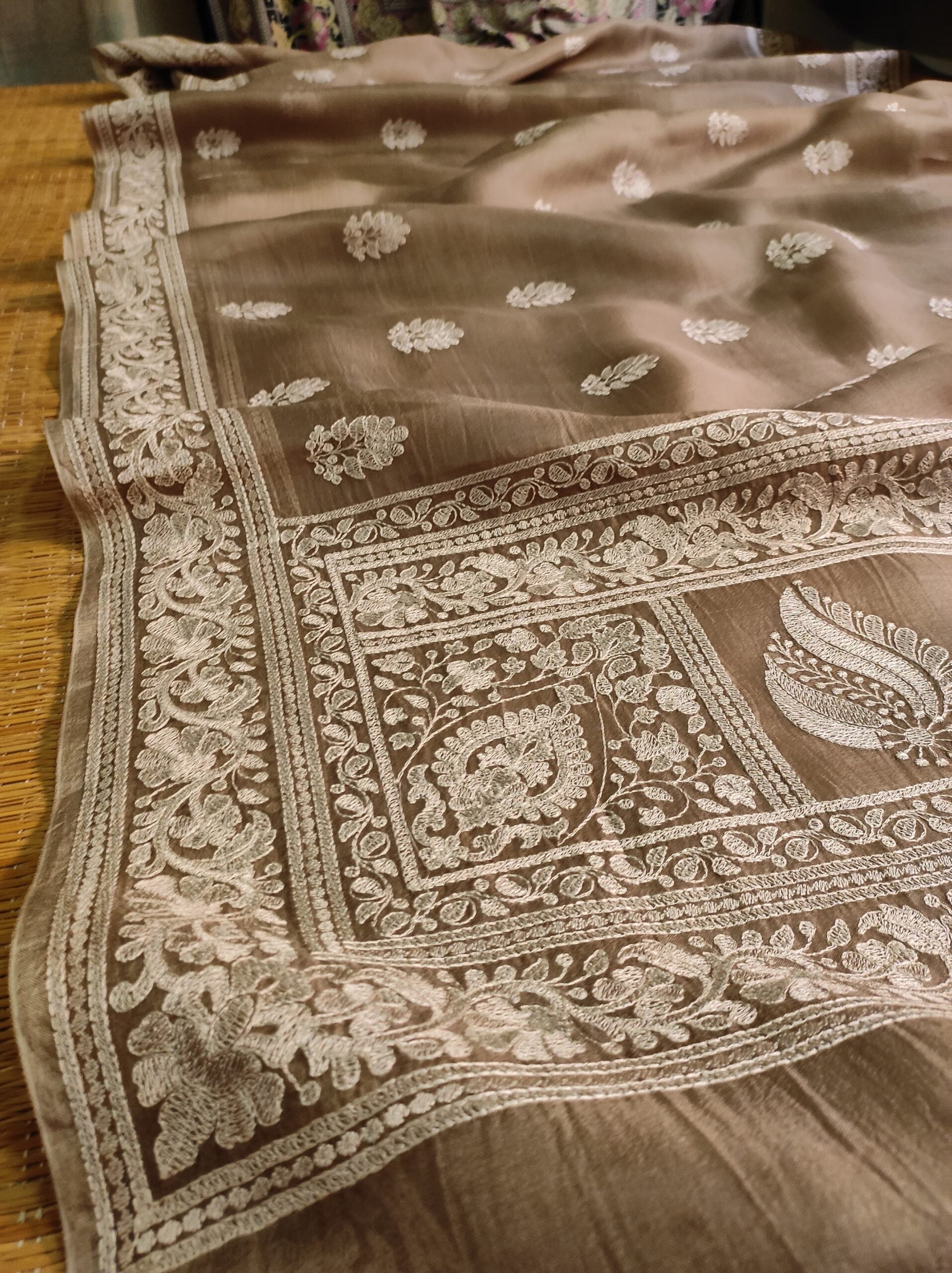 Pure Organza Silk Saree With Machine Embroidery Work All Over