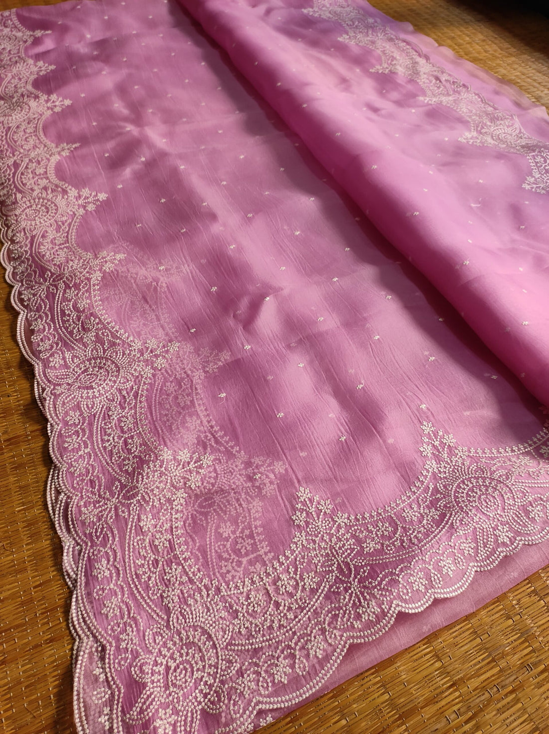 Pure Organza Silk Saree With Pearl Style Scallop Edging Embroidery Work All Over