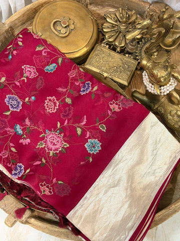 Elegant Organza Saree with All-Over Cross Stitch Embroidery & Tissue Border