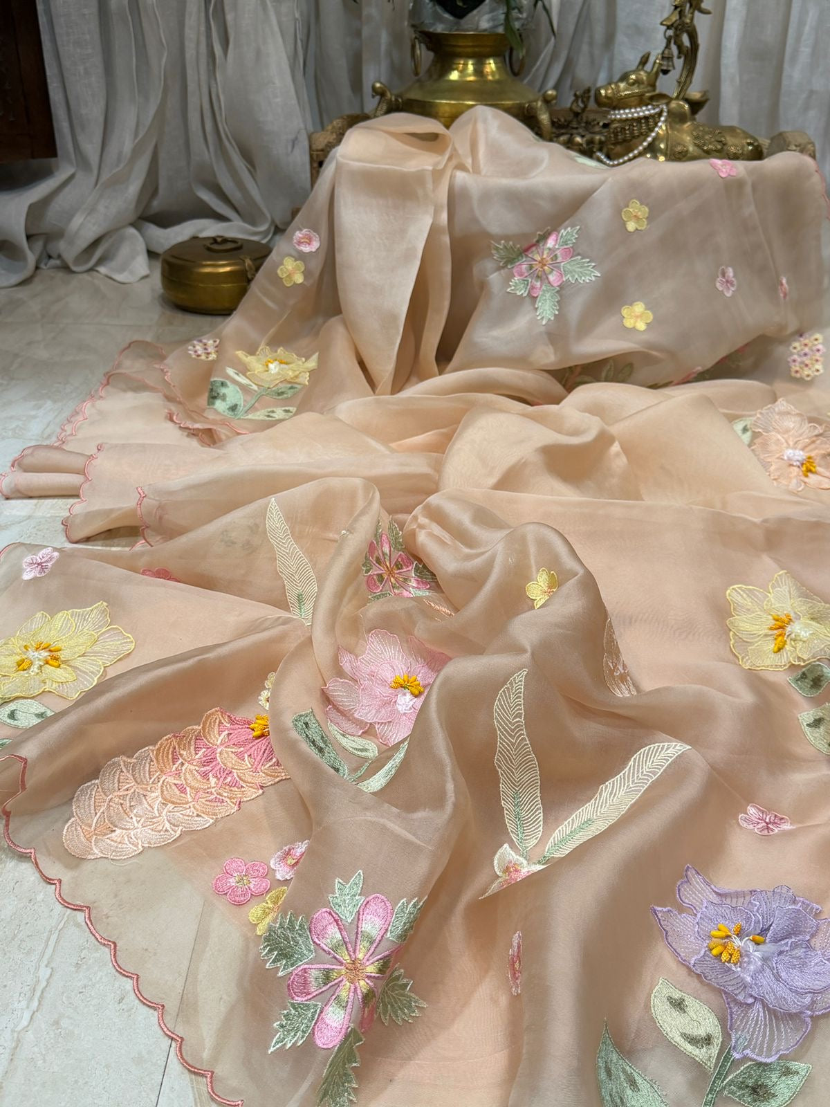 Organza Silk Saree With Appliqué Work With Embroidery