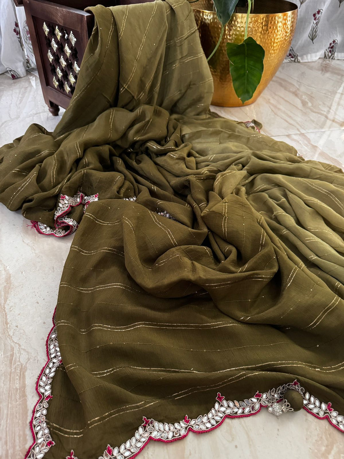 Designer Chinon Satin Crepe Saree with Zardozi Work