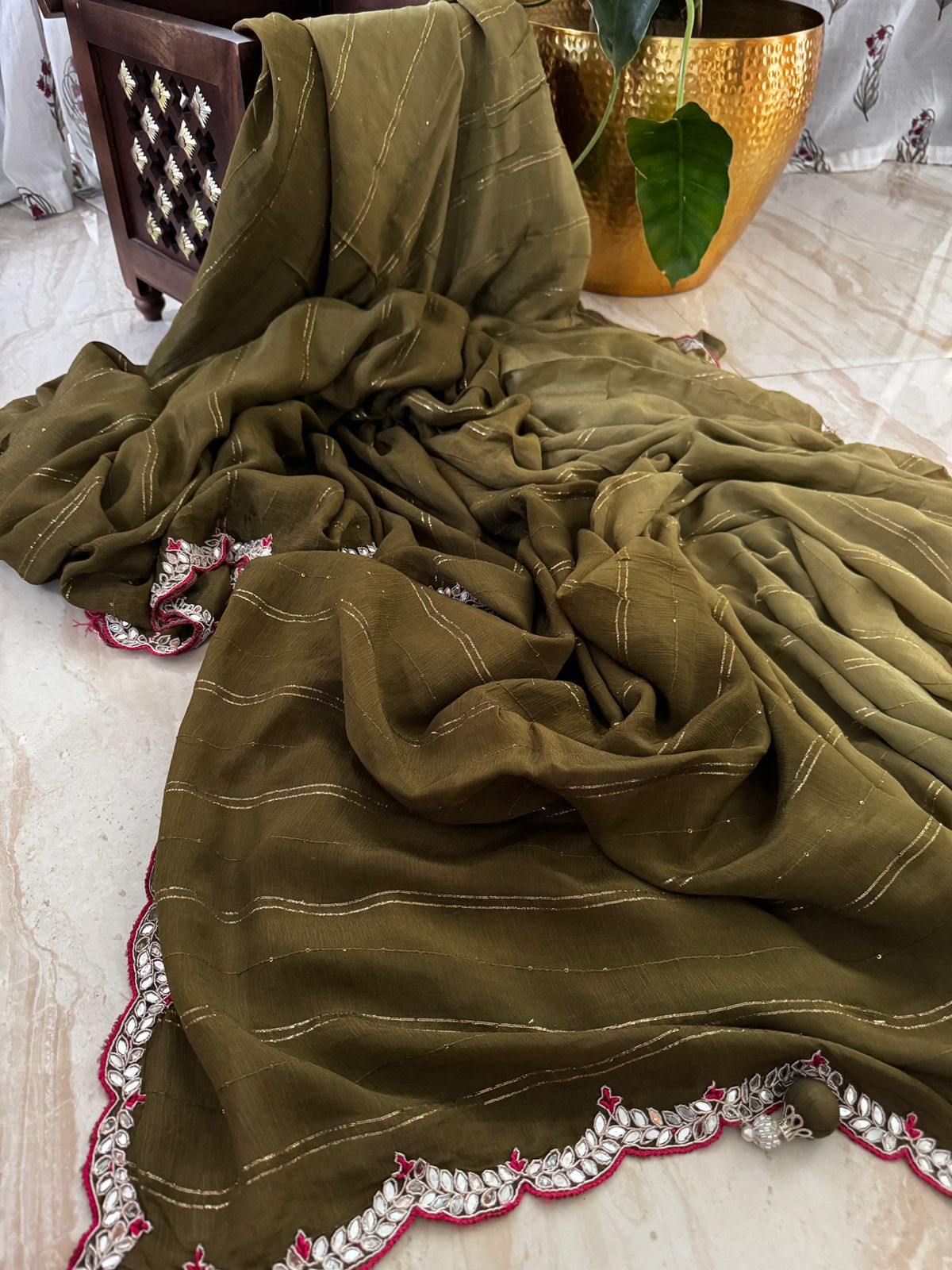 Designer Chinon Satin Crepe Saree with Zardozi Work