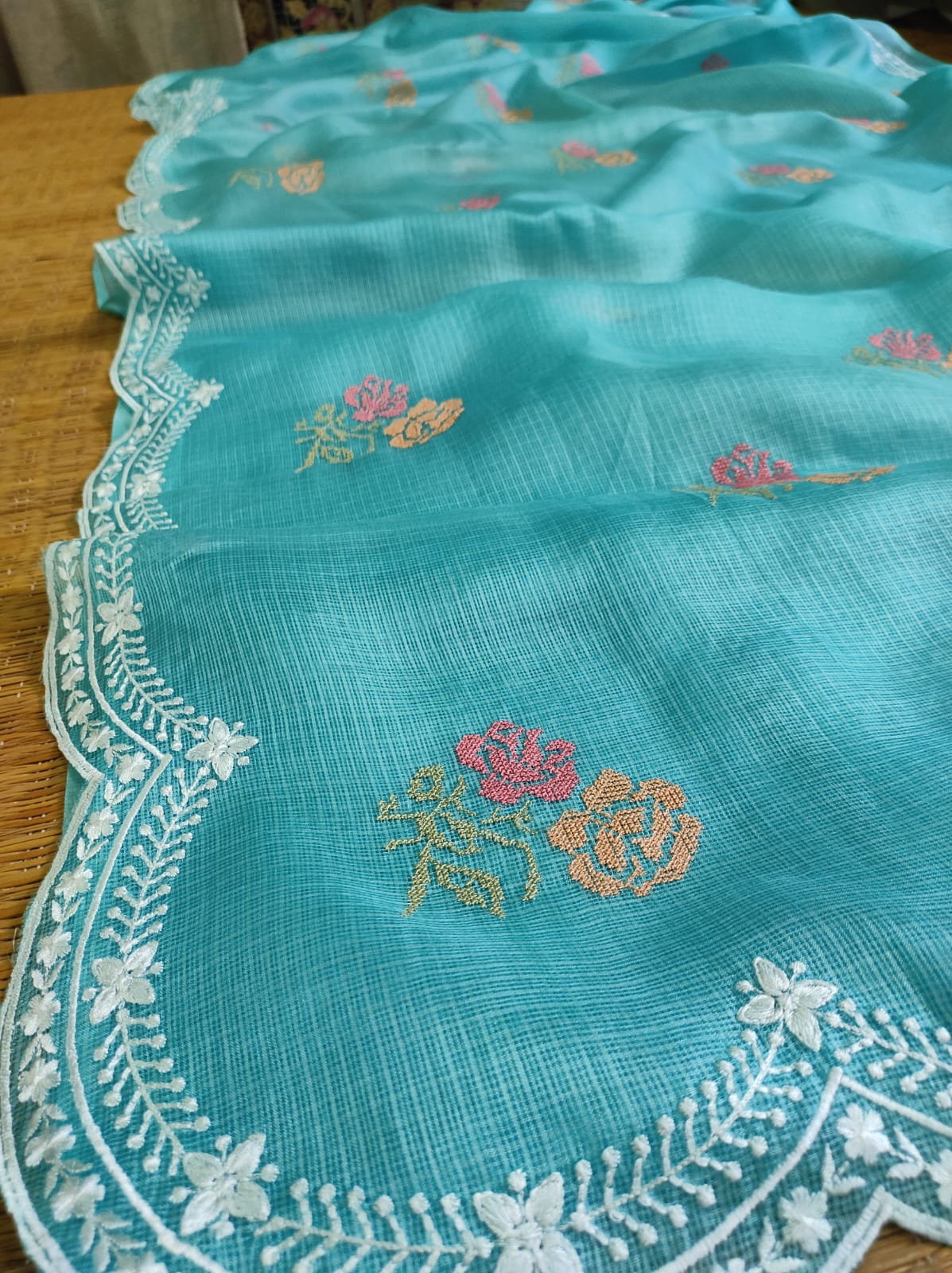 Pure Tusser Kota Silk Saree With Cross-Stitch Buta Embroidery All Over