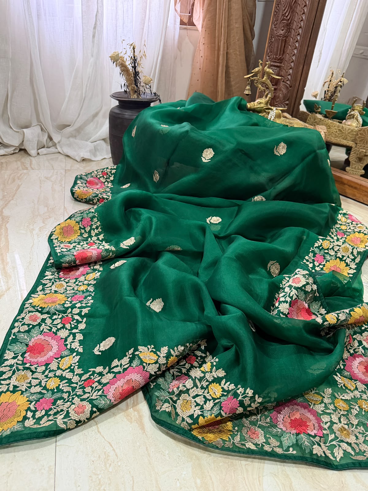 Pure Organza Silk Saree With Machine Embroidery