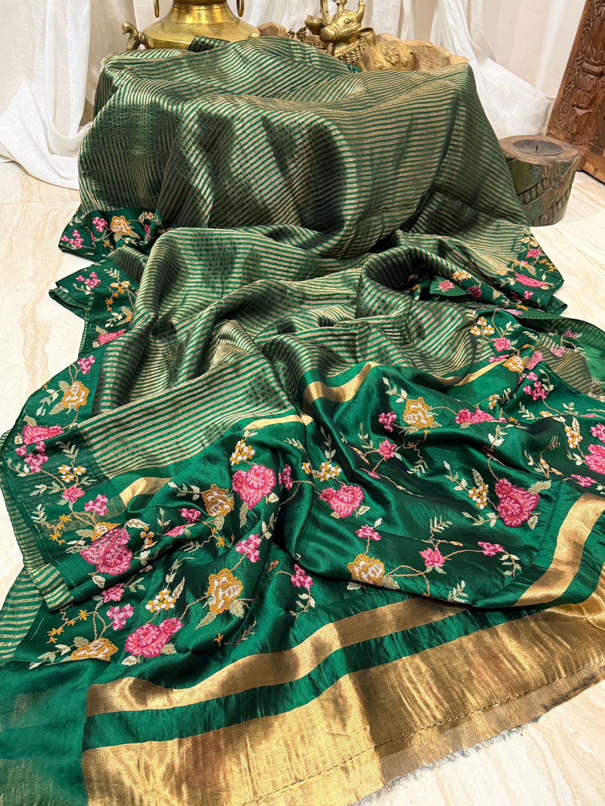 Pure Banarasi Soft Zari Stripes Saree with Cross Stitch Embroidery