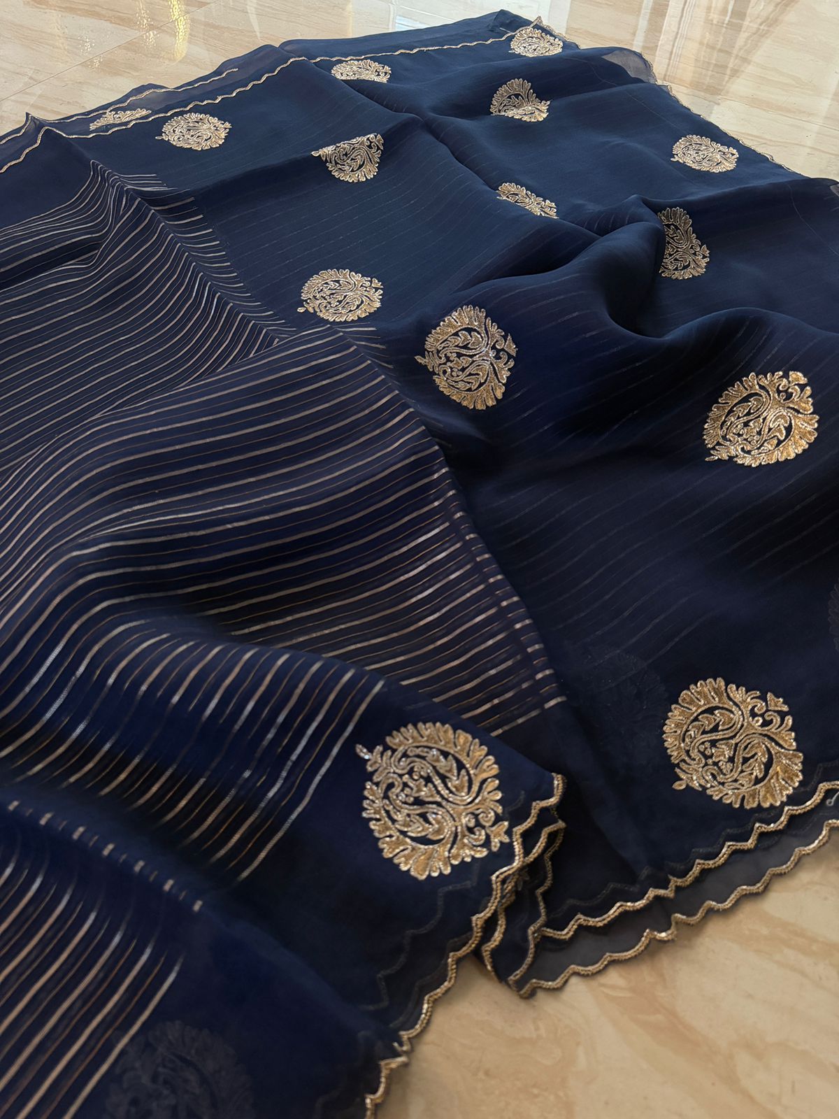 Pure Organza Saree Zari Stripes Saree With Hand Zardozi Dabka Work Butta