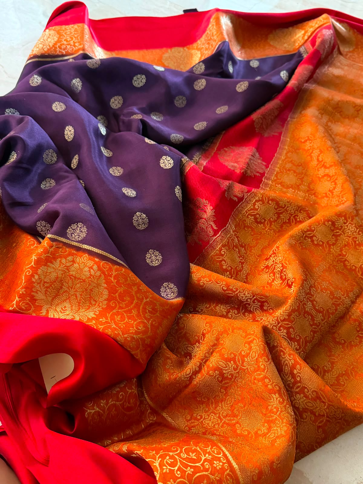 Mysore Brocade Crepe Silk Saree with Zari Weave | 3-Color Dye