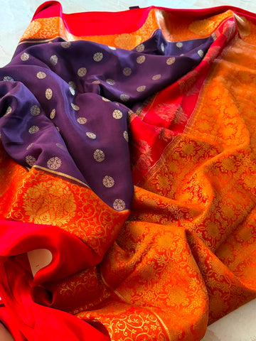 Mysore Brocade Crepe Silk Saree with Zari Weave | 3-Color Dye