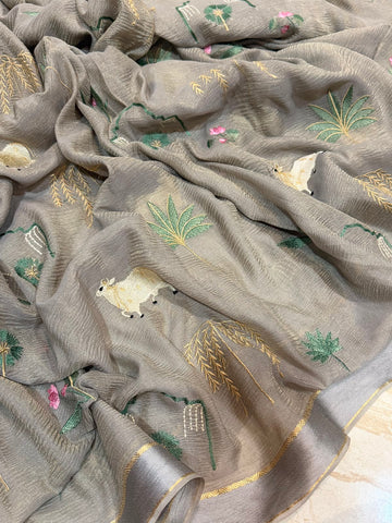 Pure Crush Tissue Georgette Saree With Machine Embroidery