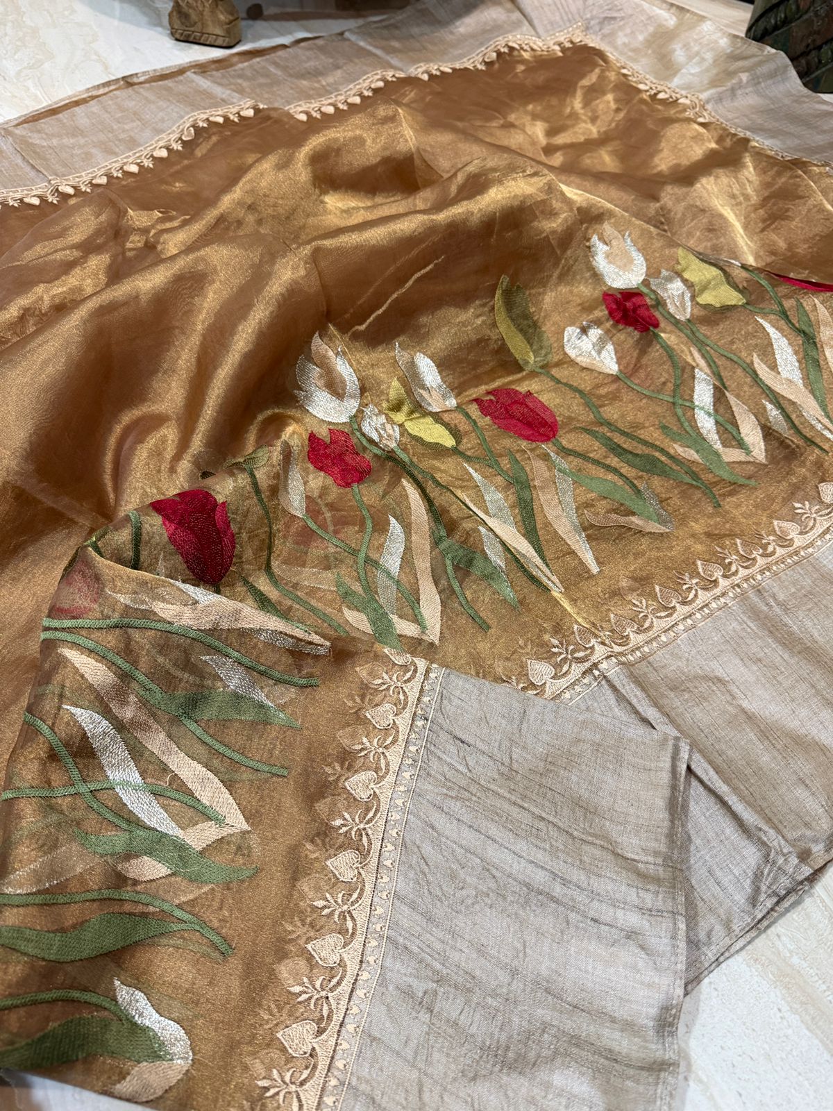 Banarasi Soft Tissue Embroidery Silk Saree With Tussar Border