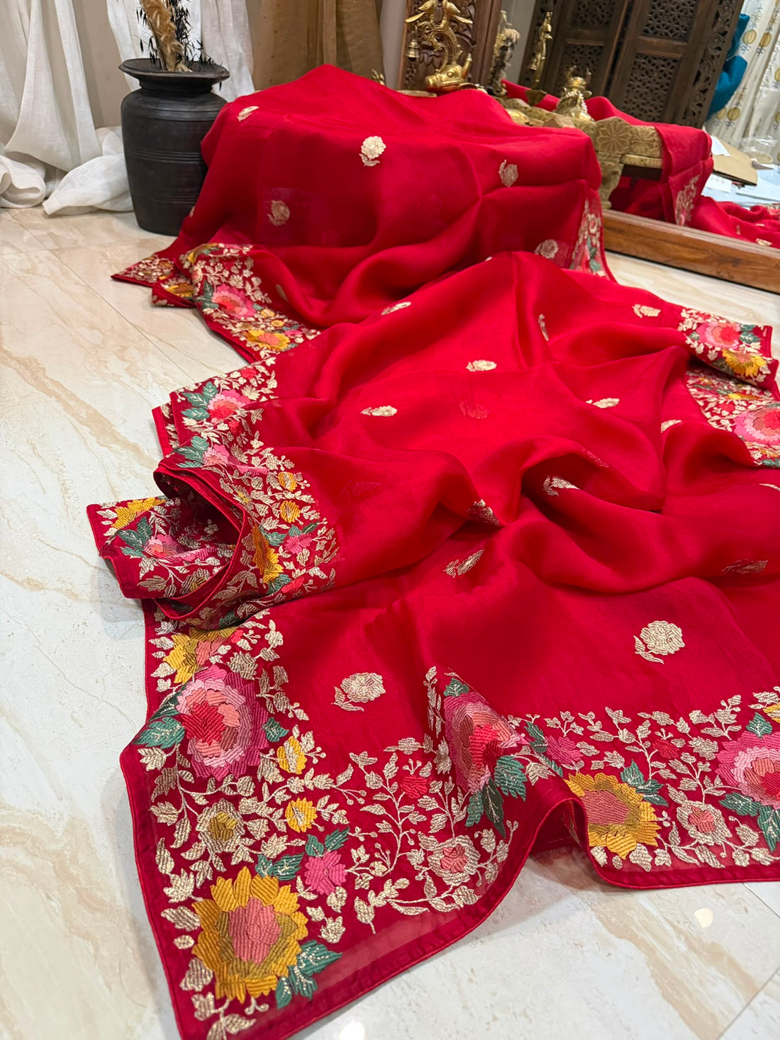 Pure Organza Silk Saree With Machine Embroidery