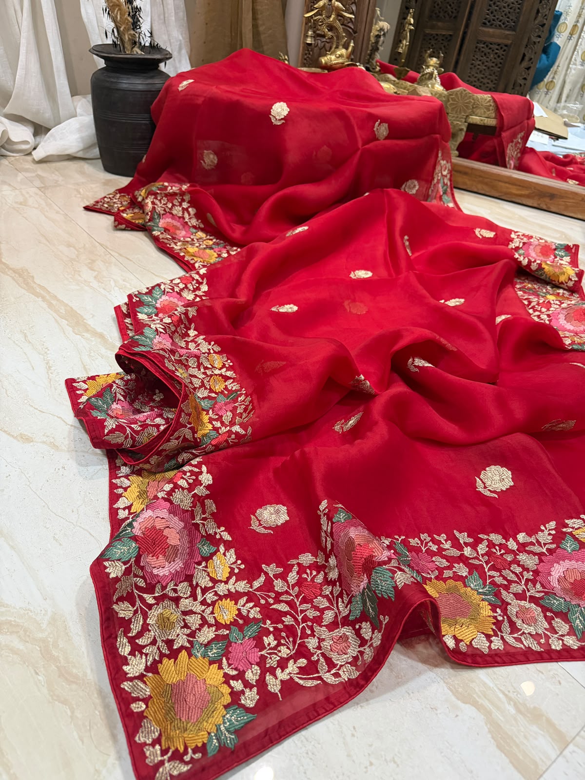 Pure Organza Silk Saree With Machine Embroidery