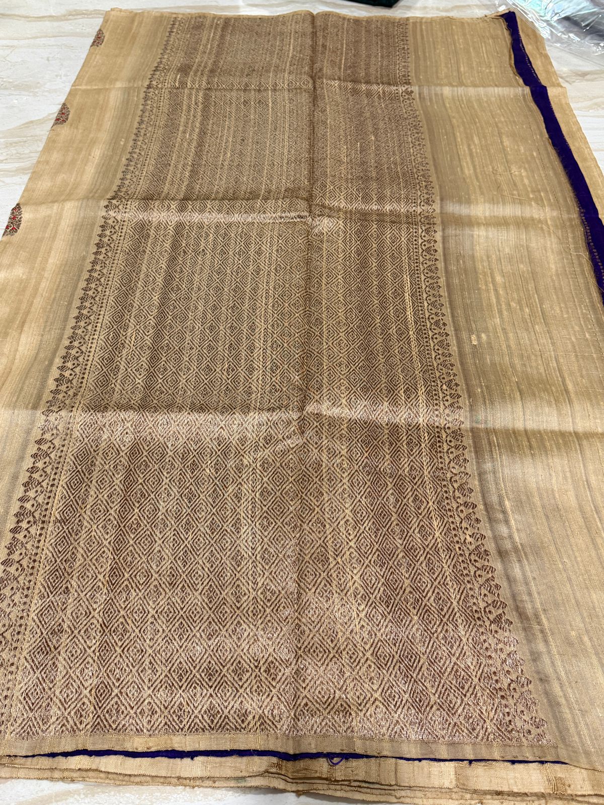 Pure Handloom Tussar Raw Silk Banarasi Saree With Meenakari