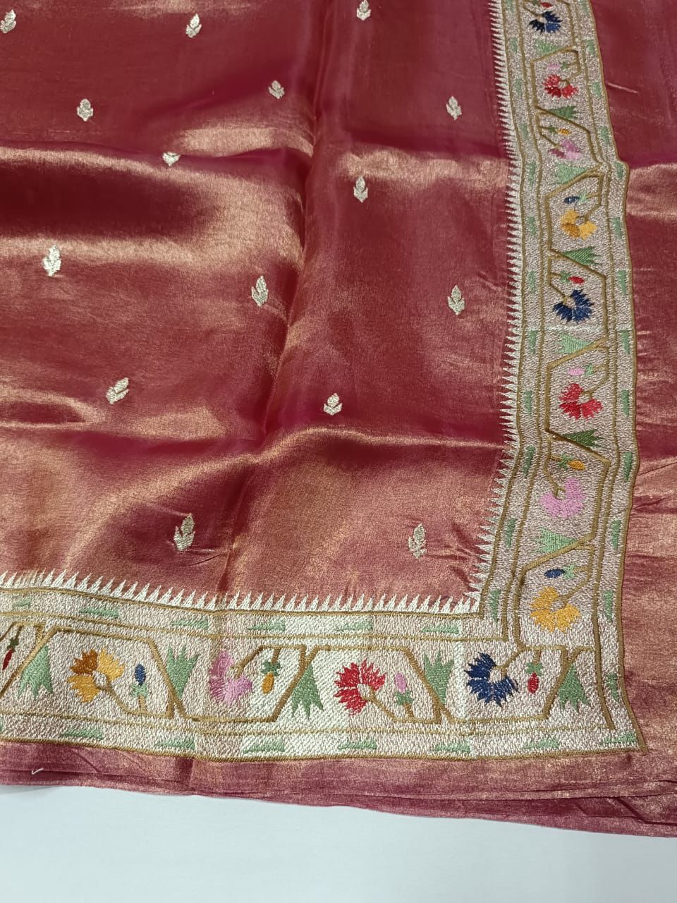 Pure Banarasi Soft Tissue Silk Saree With Paithani Border Embroidery
